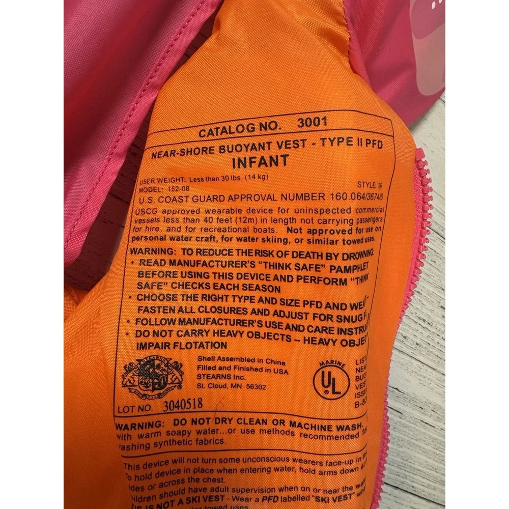 Stearns Infant Life Jacket With Head Support US coast Guard Approved Under 30 Lb